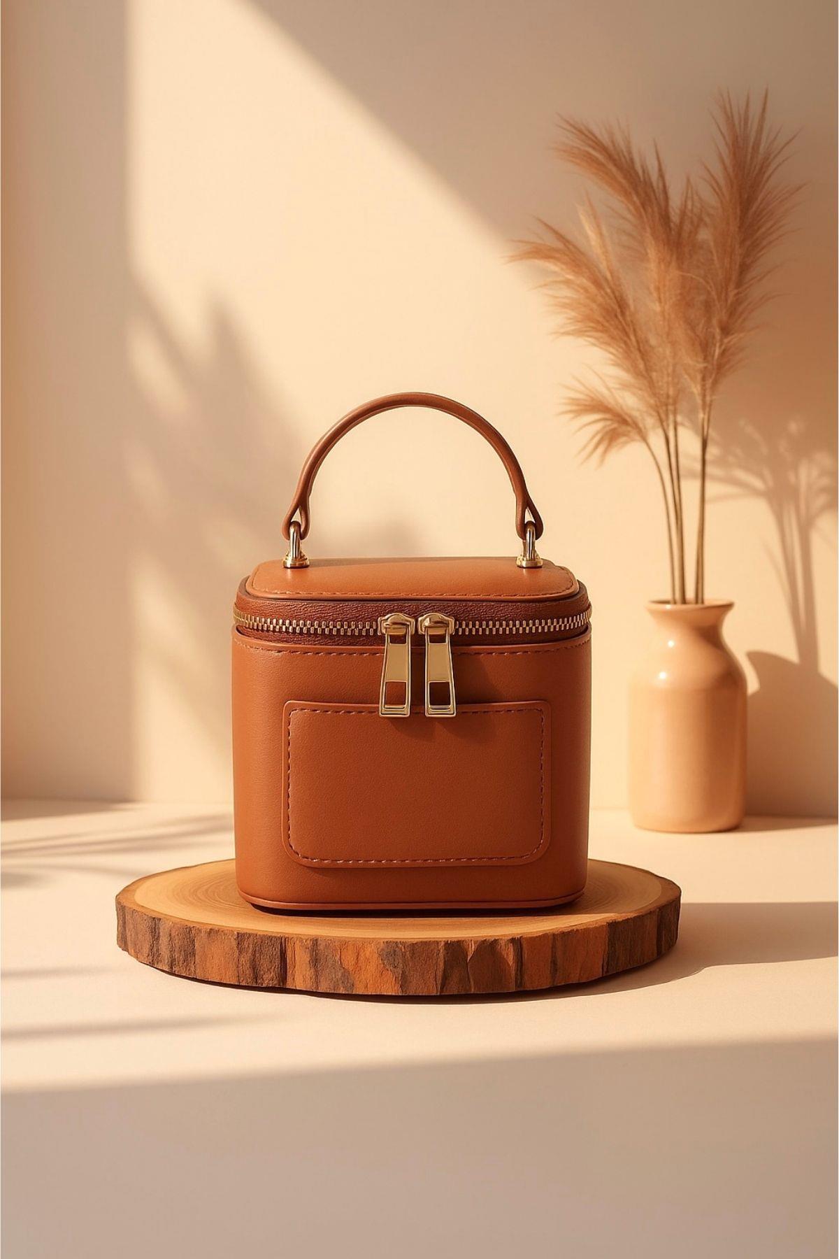 Mini Kutu Çapraz Askılı Çanta – Parlak PU Deri El ve Omuz Çantası Taba