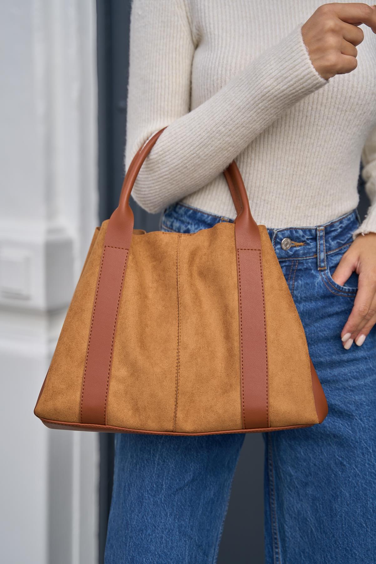 Taba Süet Kadın Şerit Deri Detaylı Süet El Ve Omuz Çantası