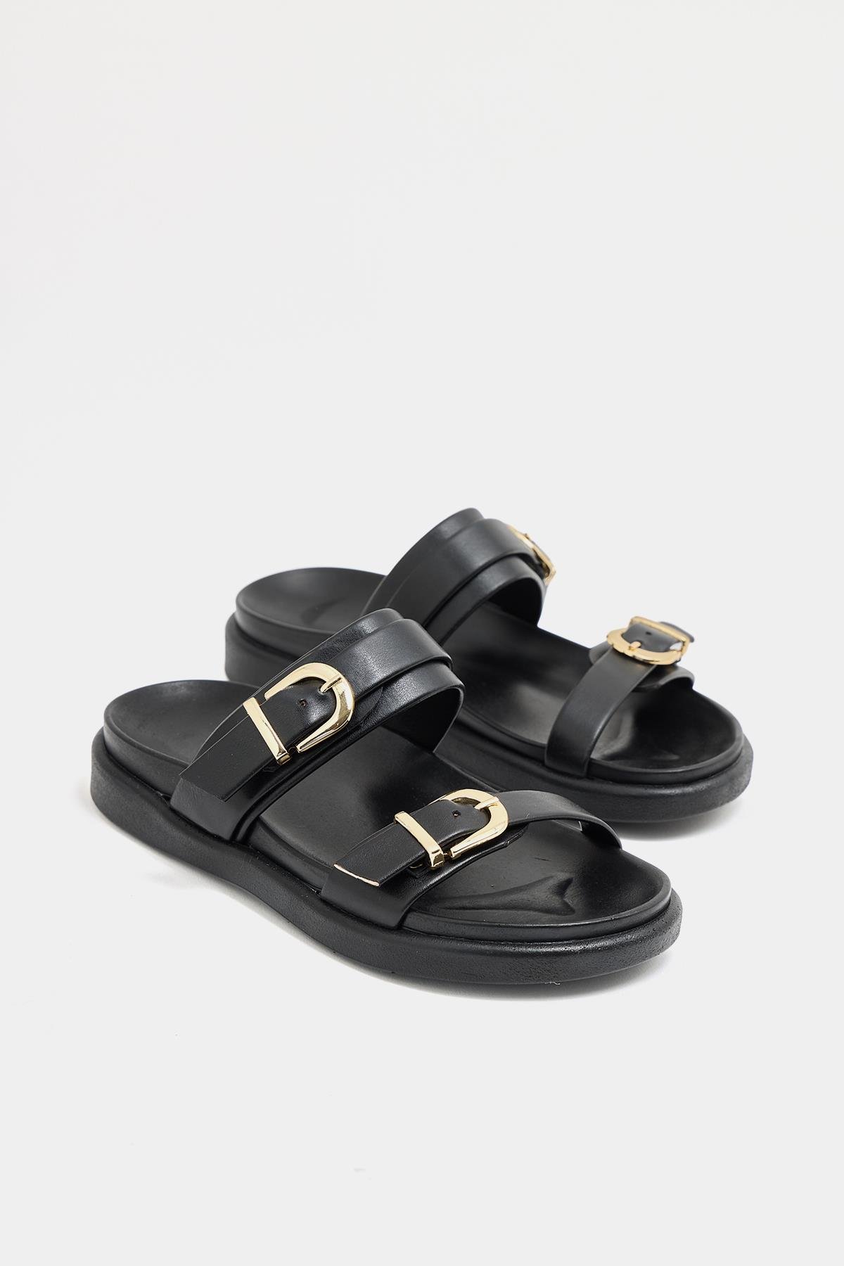 Trend Çift Tokalı Terlik Siyah