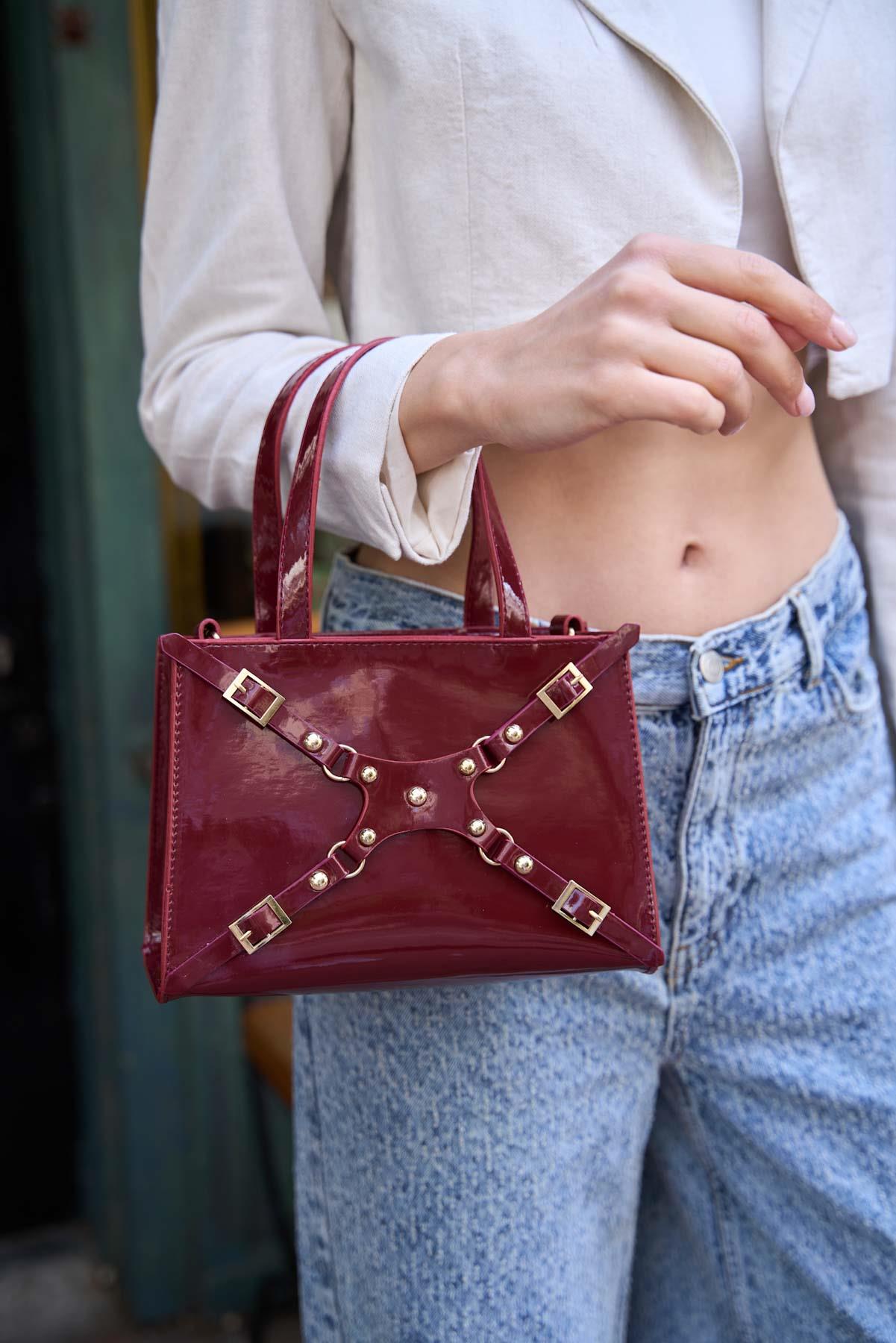Zımbalı Mini Tote El Ve Omuz Çantası Bordo Rugan