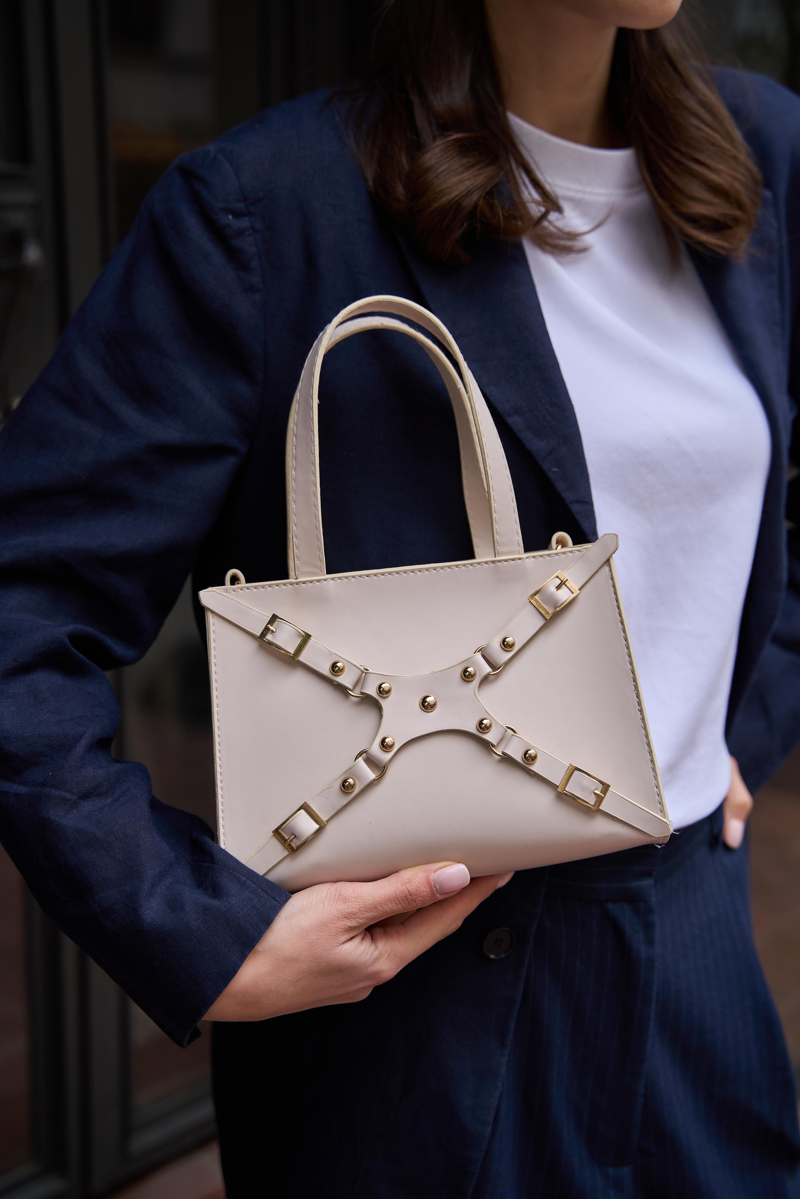 Zımbalı Mini Tote El Ve Omuz Çantası Krem