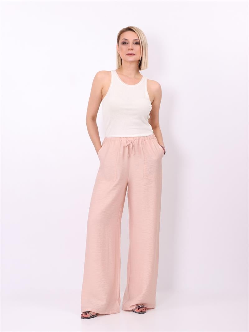 Beli Lastikli Dökümlü Pantolon (Pudra)