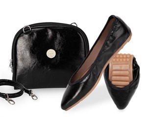Rollbab Hera Siyah Parlak Kadın Katlanabilir Babet Ayakkabı Çanta Set