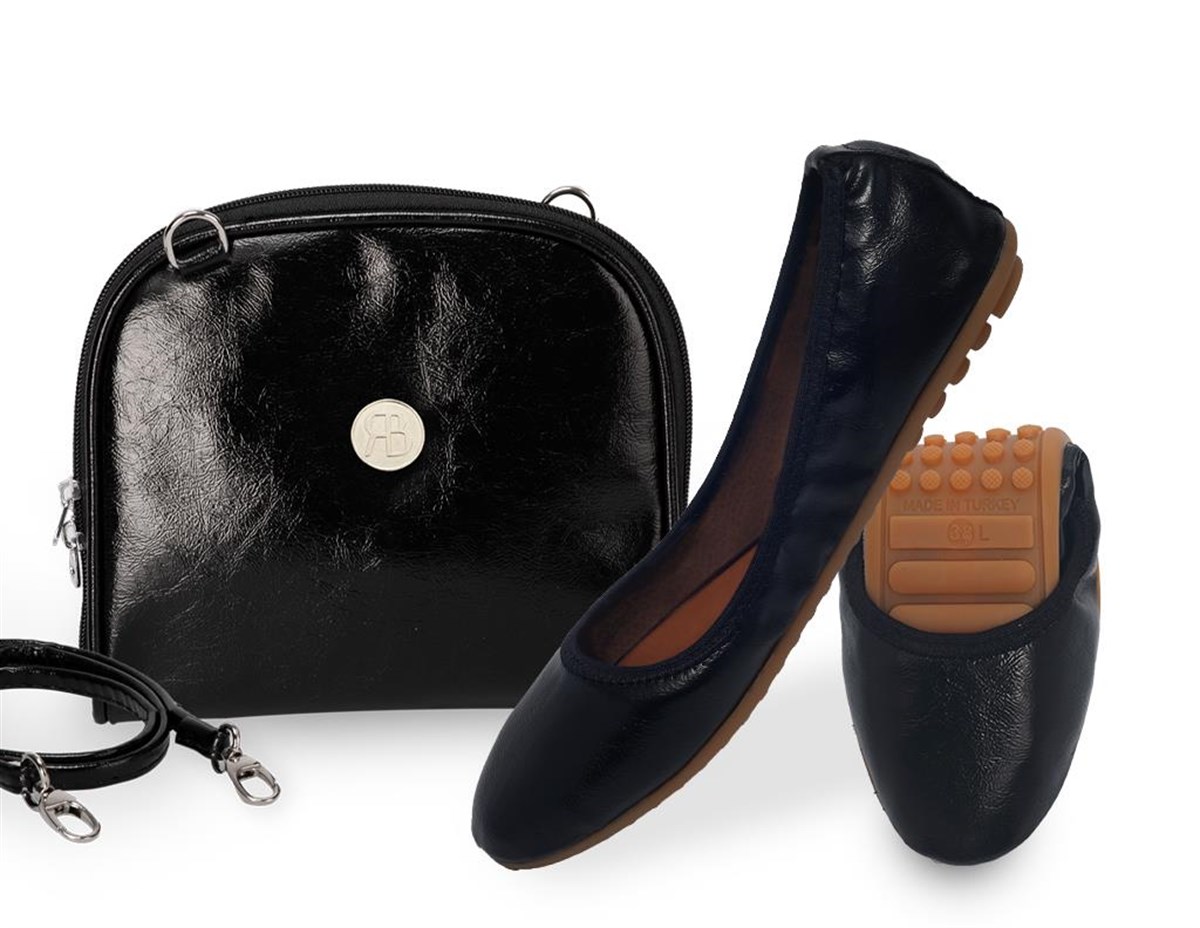 Rollbab Basic Siyah Parlak Kadın Katlanabilir Babet Ayakkabı Çanta Set