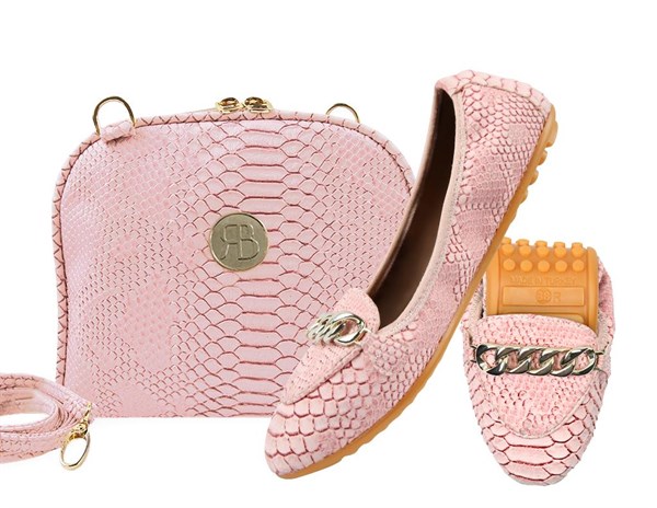 Rollbab Powder Pinky Elegance Kadın Katlanabilir Babet Ayakkabı Çanta Set