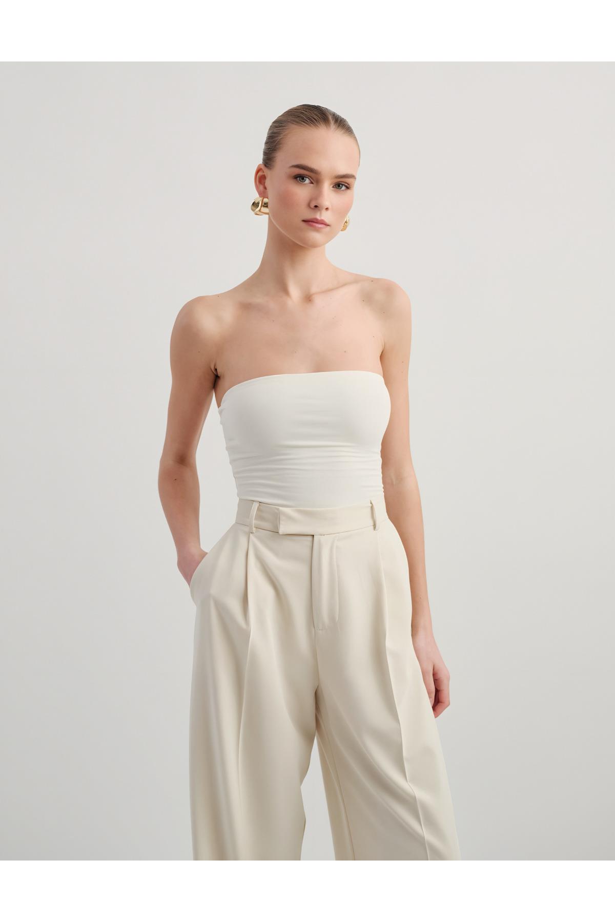 Ekru Çift Katlı Straplez Pamuklu Üst Bluz