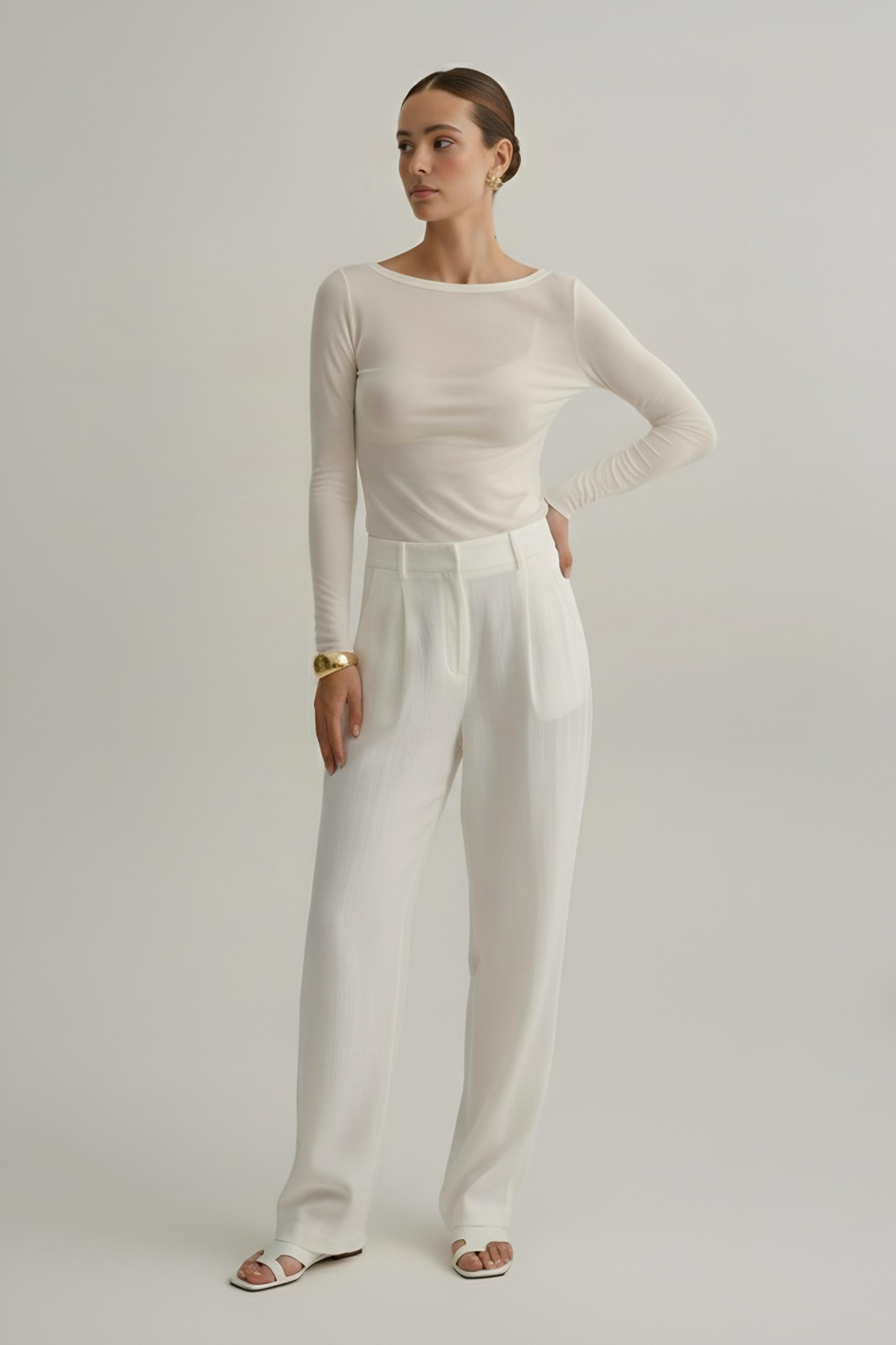 Ekru transparan kayık yaka modal uzun kol bluz