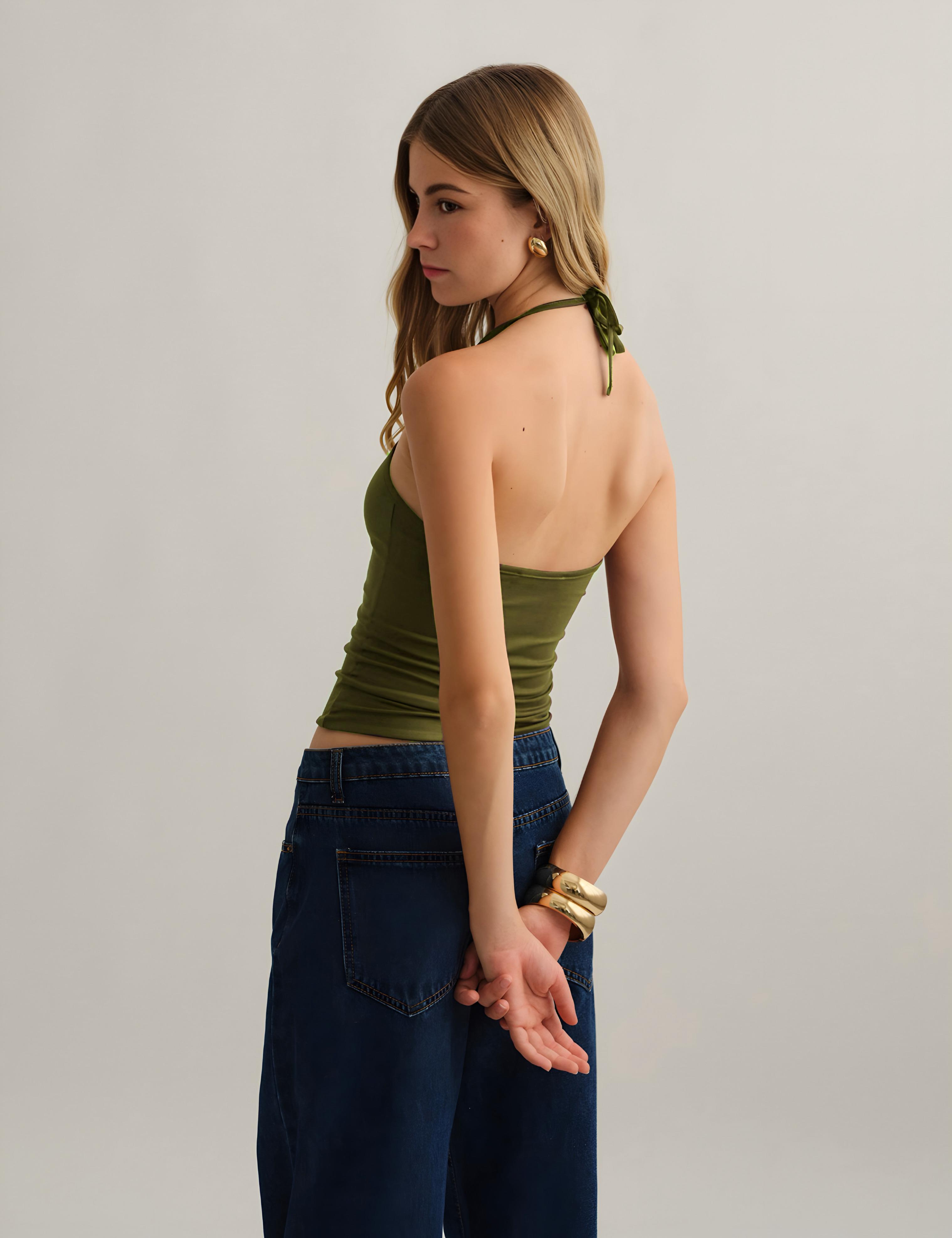 Haki Halter Yaka Pamuklu Boyundan Bağlamalı Üst Bluz