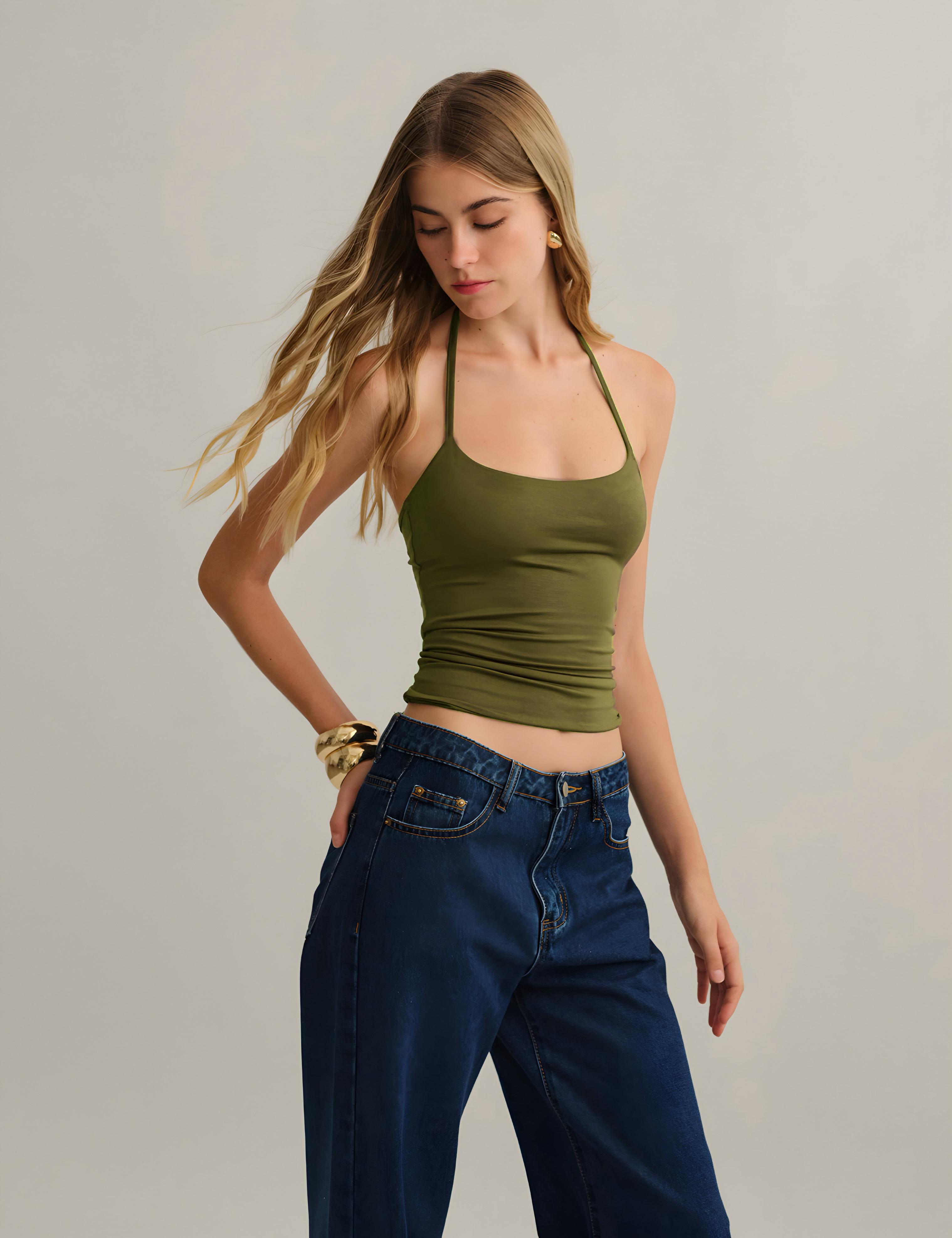 Haki Halter Yaka Pamuklu Boyundan Bağlamalı Üst Bluz