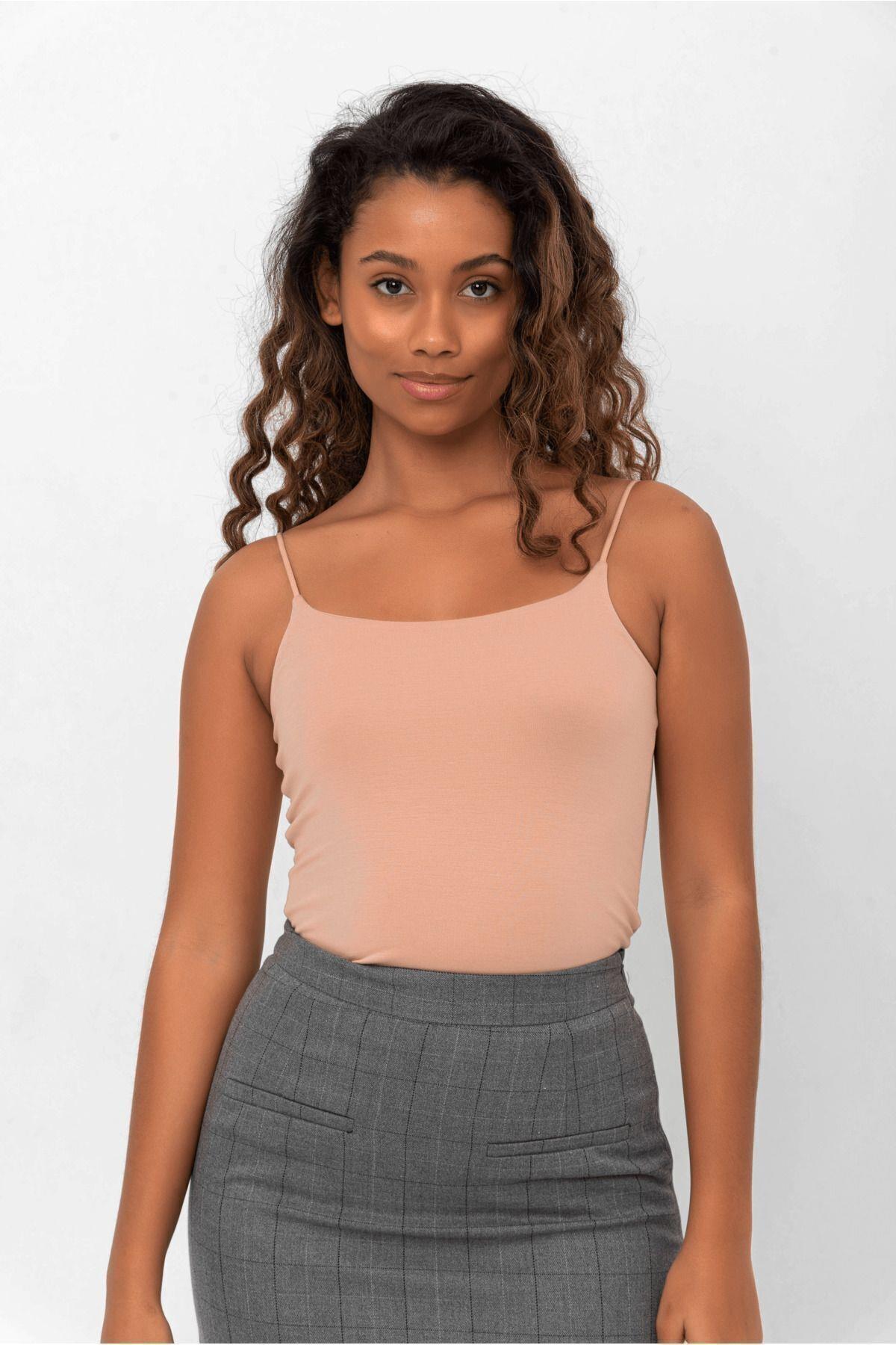 Kadın Camel Ip Askılı Pamuklu Bluz