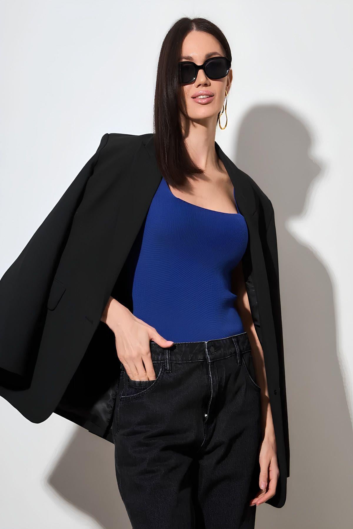 Kadın Saks Mavi Kalın Askılı Kare Yaka Triko Bluz