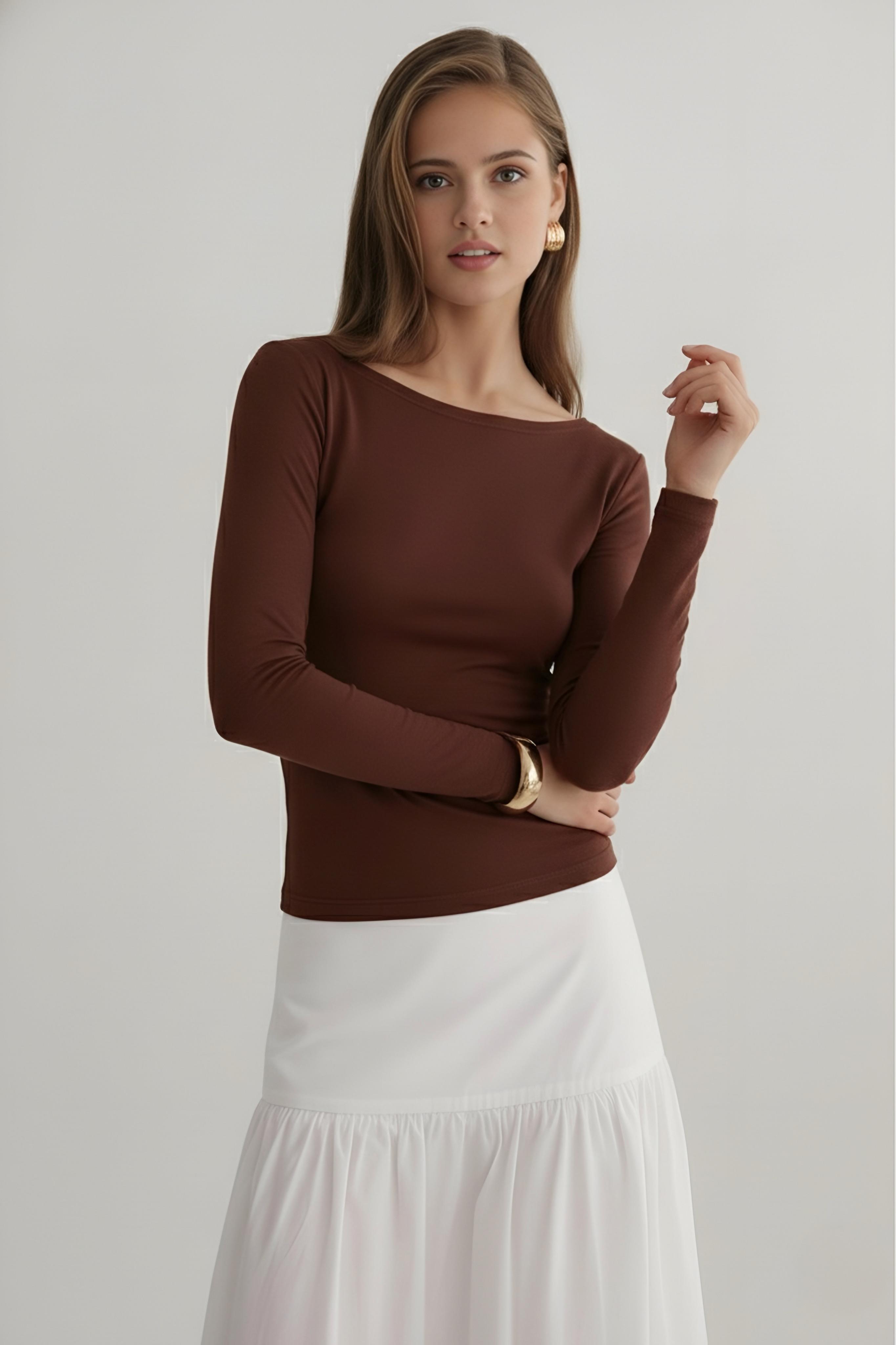 Kahverengi kayık yaka modal uzun kol bluz