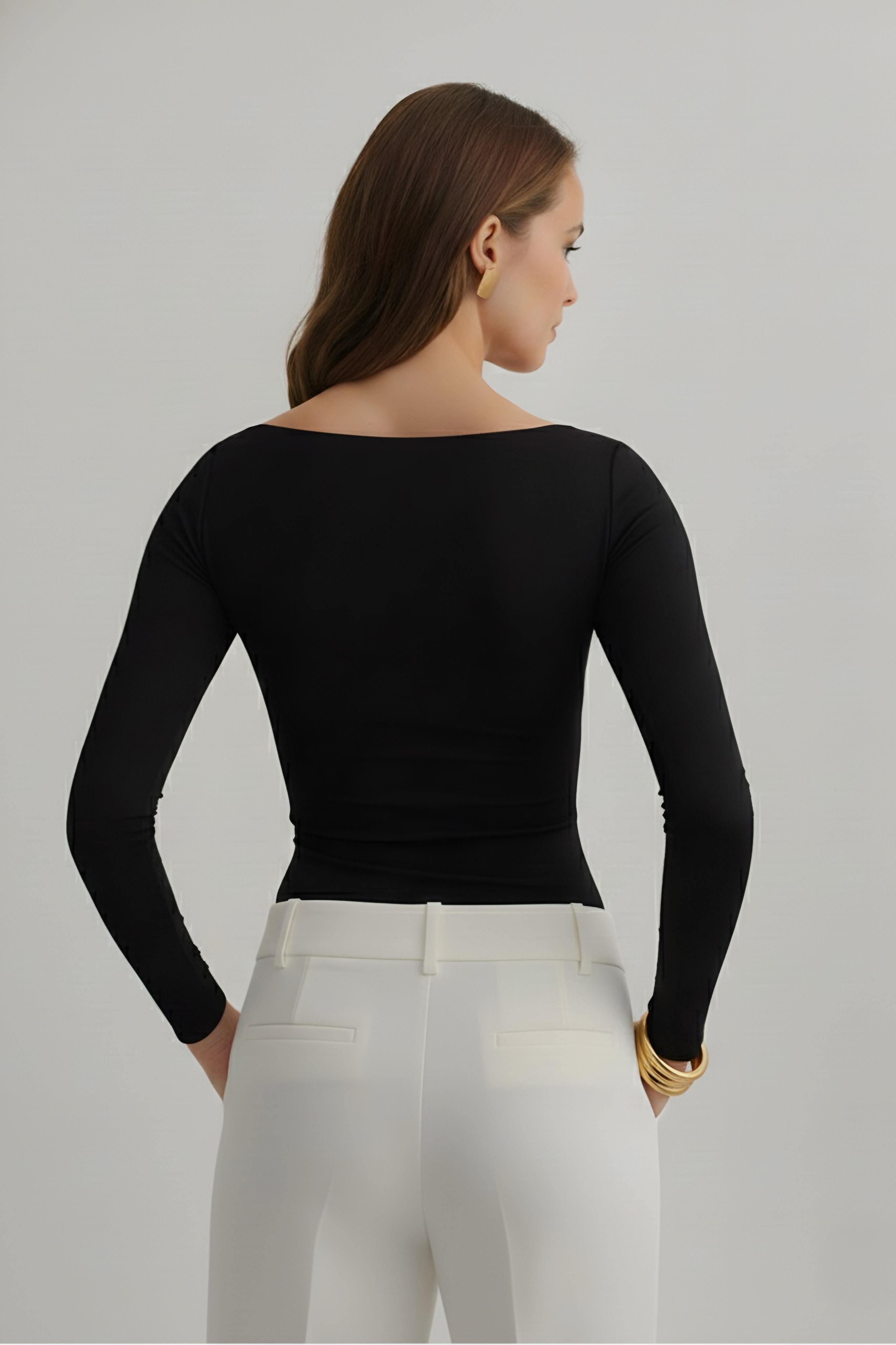 Siyah kayık yaka modal uzun kol bluz