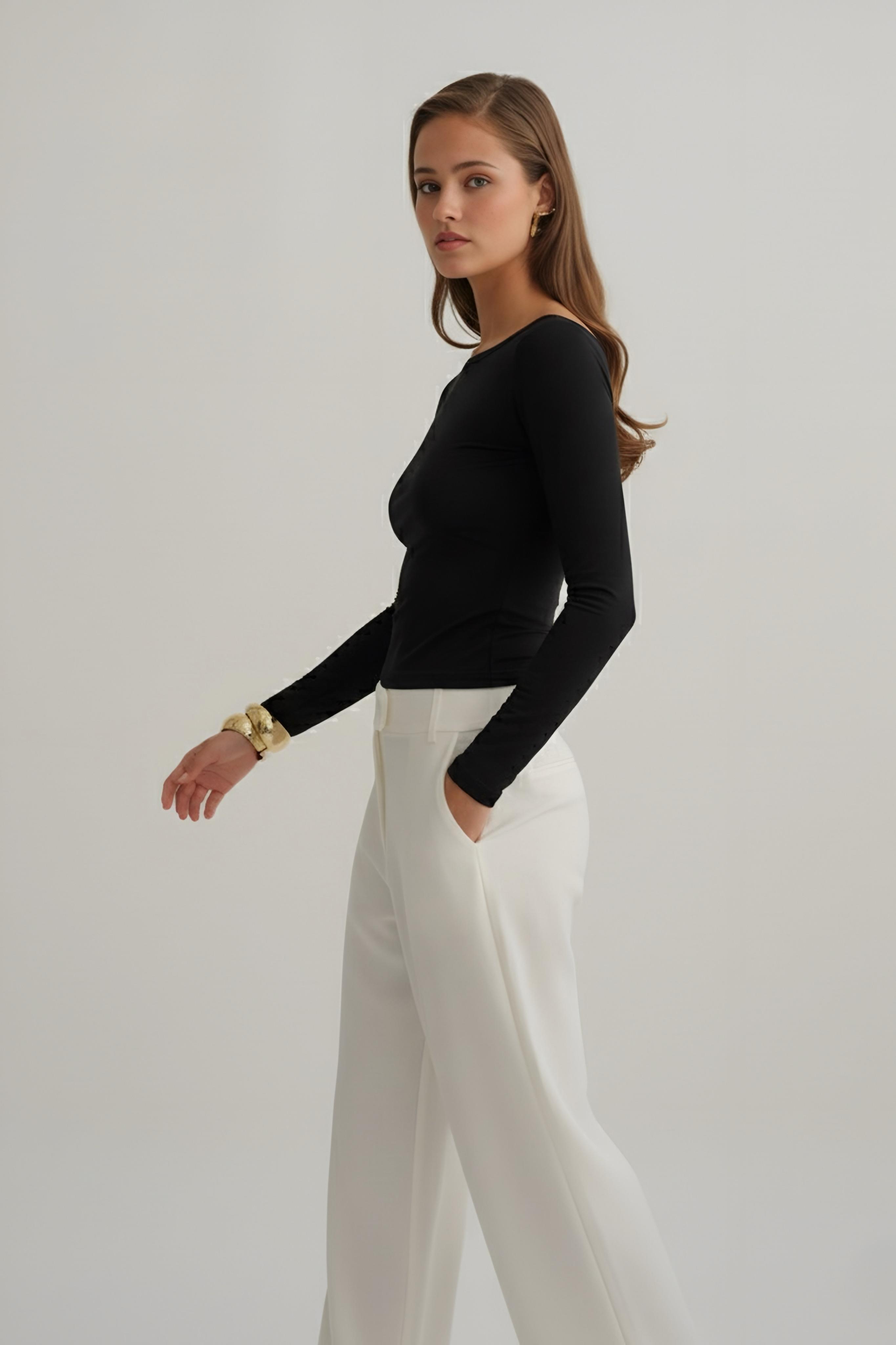 Siyah kayık yaka modal uzun kol bluz