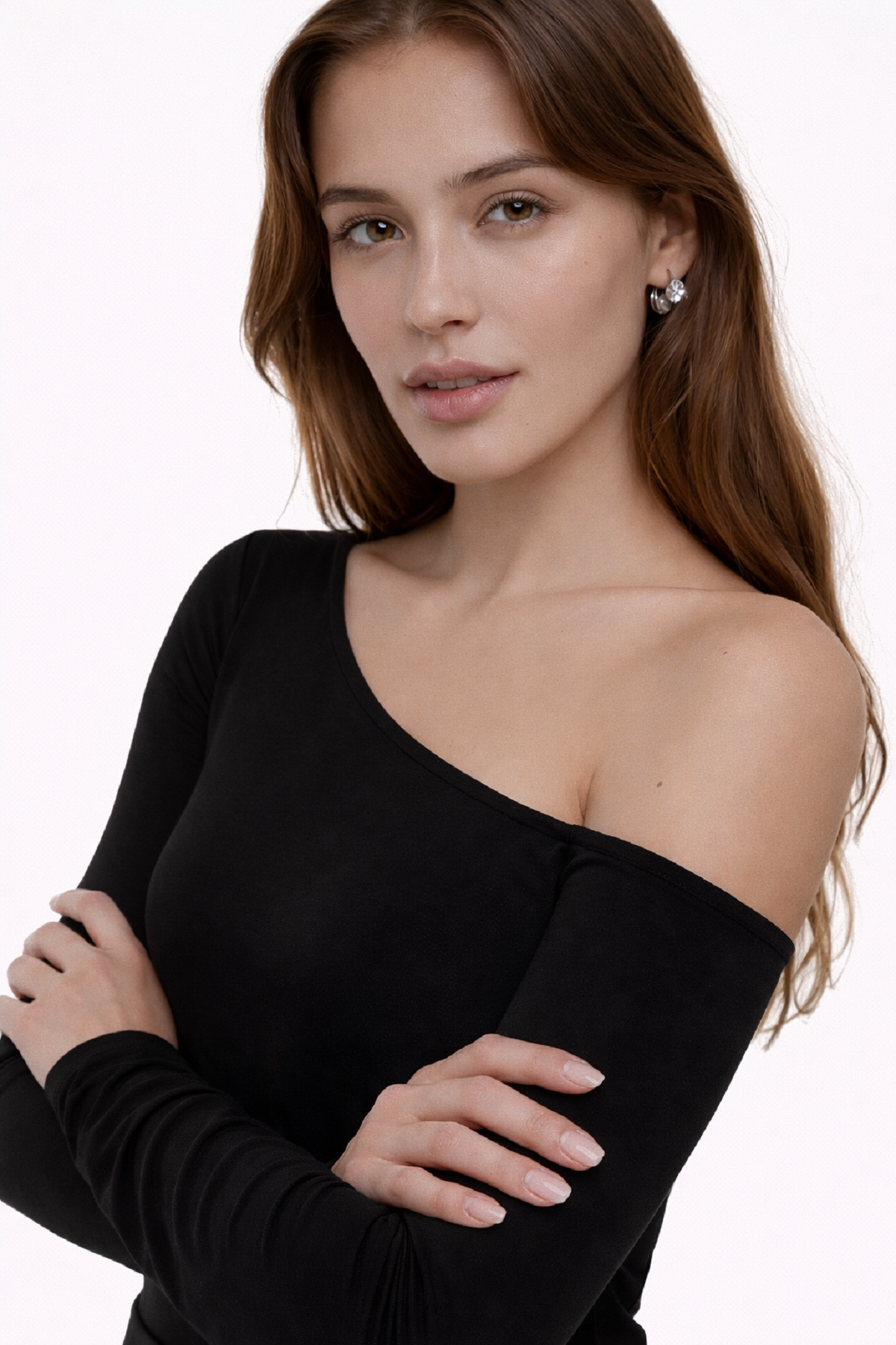 Siyah Asimetrik Yaka Tek Omuz Çift Kat Pamuklu Bluz