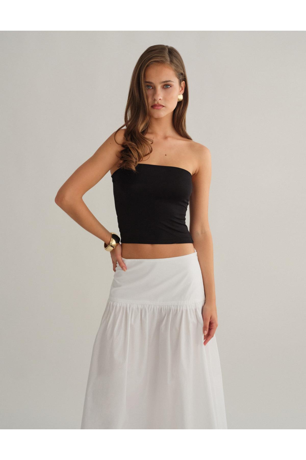 Siyah Çift Katlı Straplez Pamuklu Üst Bluz