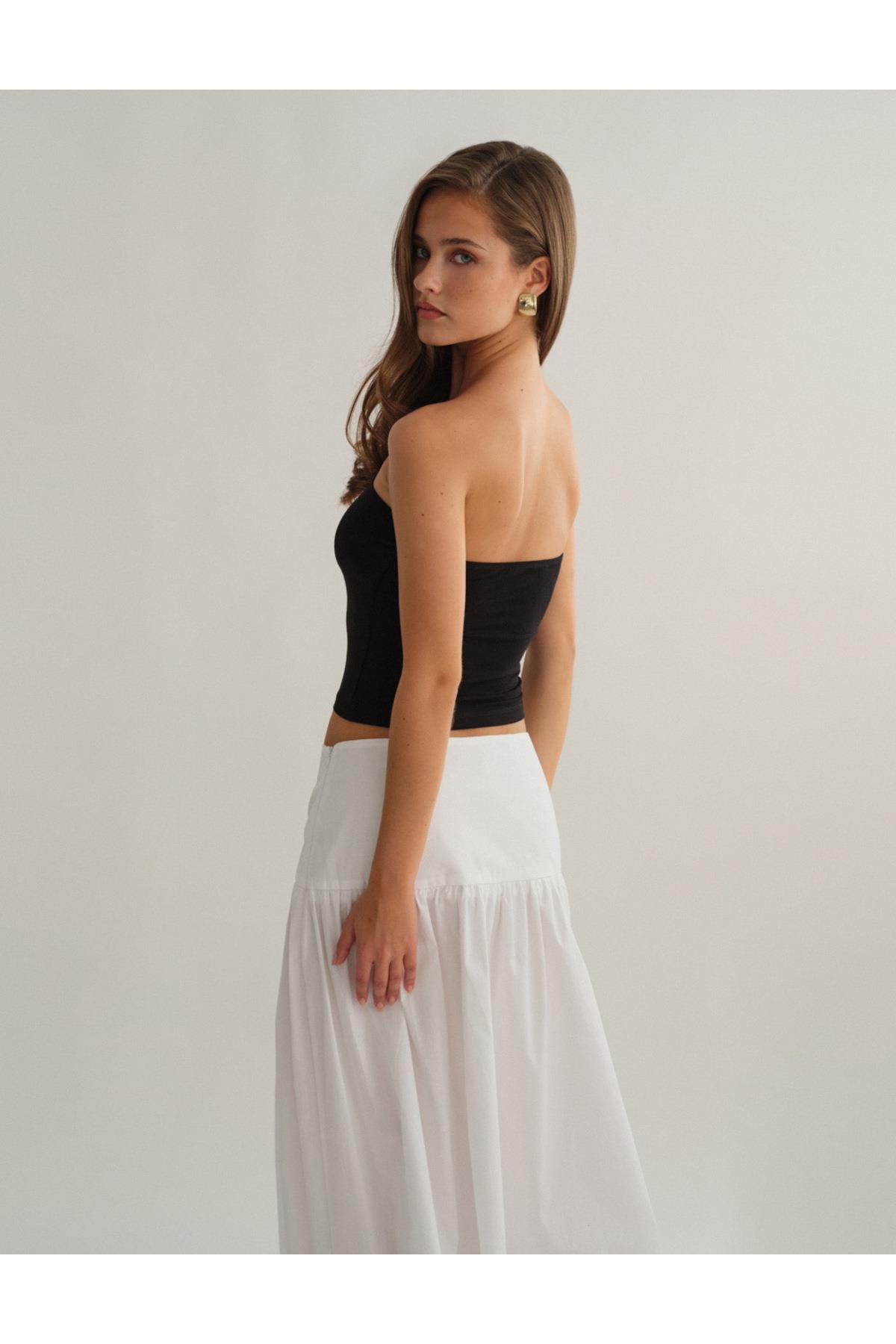 Siyah Çift Katlı Straplez Pamuklu Üst Bluz