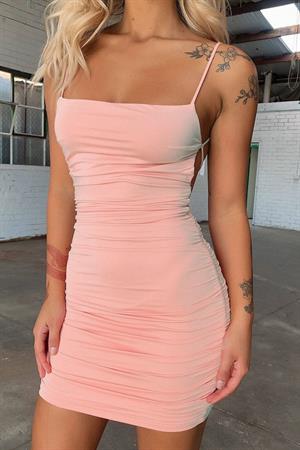 Açık Pudra Sandy Sırt Dekolteli Mini Elbise