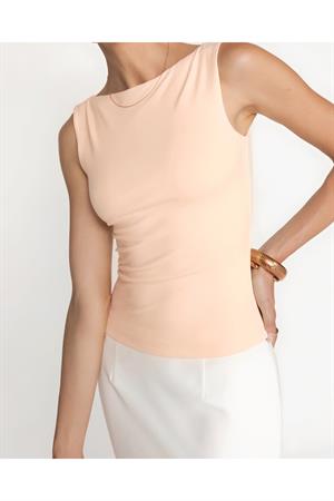 Bej Kayık Yaka Pamuklu Bluz