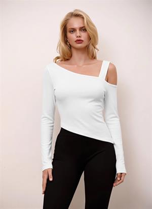 Beyaz Asimetrik Yaka Uzun Kollu Çift Kat Pamuklu Likralı Bluz