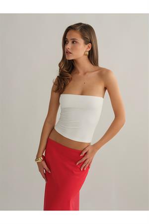 Beyaz Çift Katlı Straplez Pamuklu Üst Bluz