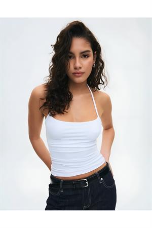 Beyaz Halter Yaka Pamuklu Boyundan Bağlamalı Üst Bluz