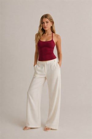 Bordo Halter Yaka Pamuklu Boyundan Bağlamalı Üst Bluz