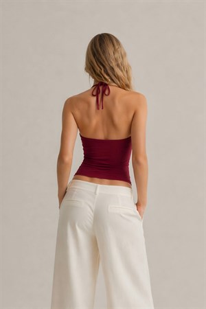 Bordo Halter Yaka Pamuklu Boyundan Bağlamalı Üst Bluz