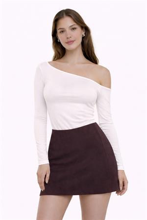 Ekru Asimetrik Yaka Tek Omuz Çift Kat Pamuklu Bluz