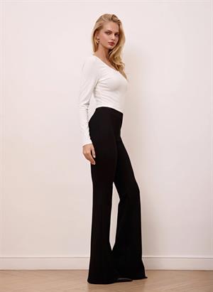 Ekru Asimetrik Yaka Uzun Kollu Çift Kat Pamuklu Likralı Bluz