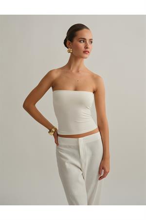 Ekru Çift Katlı Straplez Pamuklu Üst Bluz