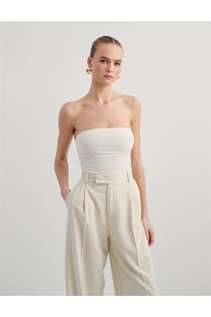 Ekru Çift Katlı Straplez Pamuklu Üst Bluz