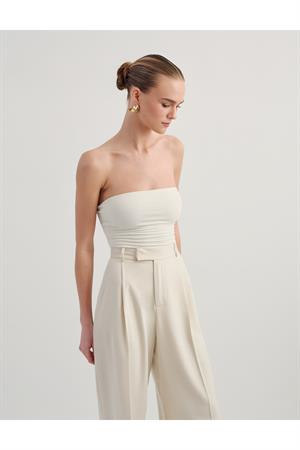 Ekru Çift Katlı Straplez Pamuklu Üst Bluz