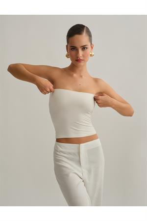 Ekru Çift Katlı Straplez Pamuklu Üst Bluz
