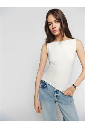 Ekru Kayık Yaka Pamuklu Bluz