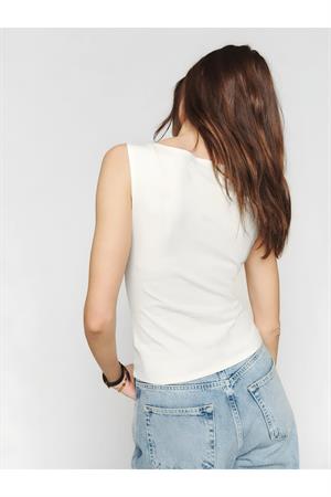 Ekru Kayık Yaka Pamuklu Bluz