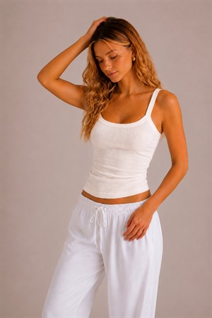 Ekru Hafif Transparan Ribana Askılı Top-Slim Fit Atlet