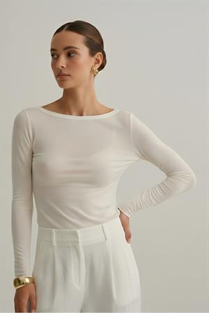 Ekru transparan kayık yaka modal uzun kol bluz