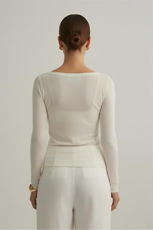 Ekru transparan kayık yaka modal uzun kol bluz