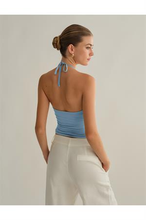 Bebe mavi Halter Yaka Pamuklu Boyundan Bağlamalı Üst Bluz