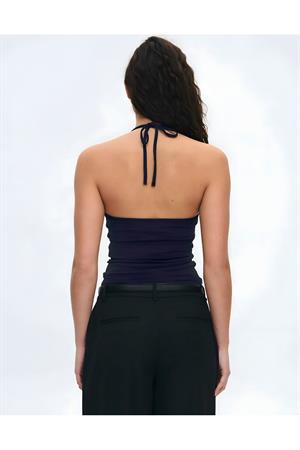 Lacivert Halter Yaka Pamuklu Boyundan Bağlamalı Üst Bluz