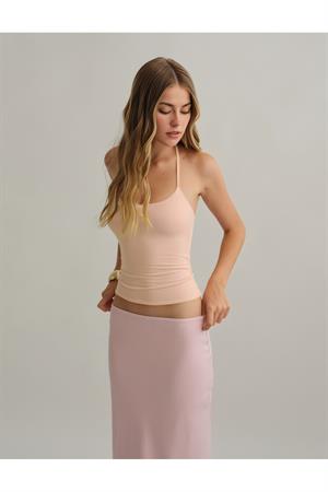 Bej Halter Yaka Pamuklu Boyundan Bağlamalı Üst Bluz