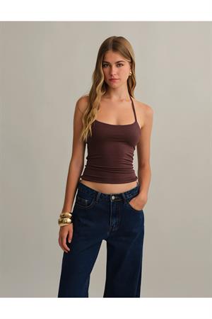 Kahverengi Halter Yaka Pamuklu Boyundan Bağlamalı Üst Bluz