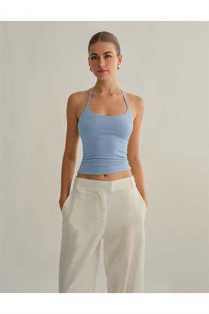 Bebe mavi Halter Yaka Pamuklu Boyundan Bağlamalı Üst Bluz