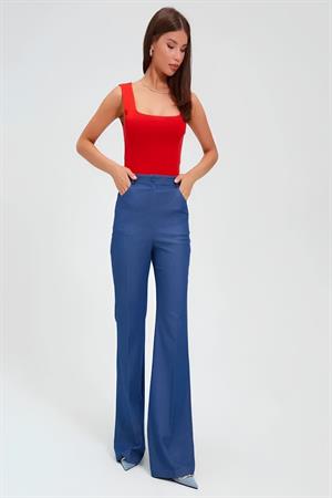 Kadın Kırmızı Kalın Askılı Kare Yaka Triko Bluz