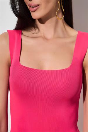 Kadın Pembe Kalın Askılı Kare Yaka Triko Bluz