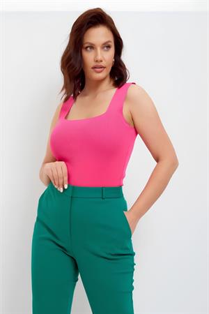 Kadın Pembe Kalın Askılı Kare Yaka Triko Bluz