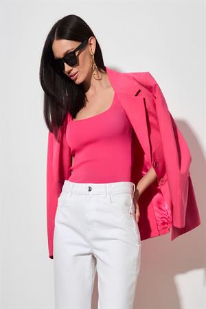 Kadın Pembe Kalın Askılı Kare Yaka Triko Bluz