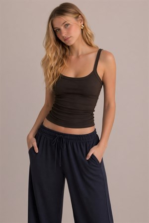 Kahverengi Ribana Askılı Top-Slim Fit Kadın Atlet
