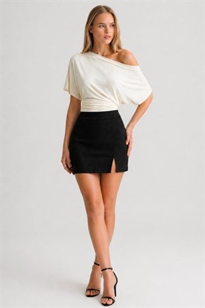 Simli Örme Yırtmaçlı Mini Etek